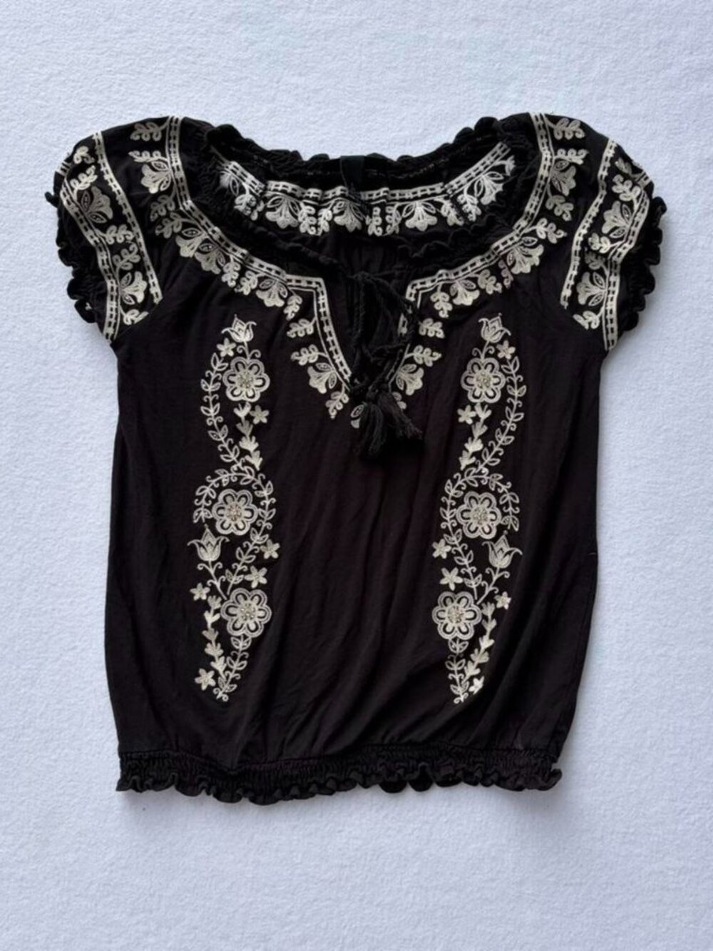 INC International Concepts Black Floral Embroidered Peasant Blouse Sz S Cottage